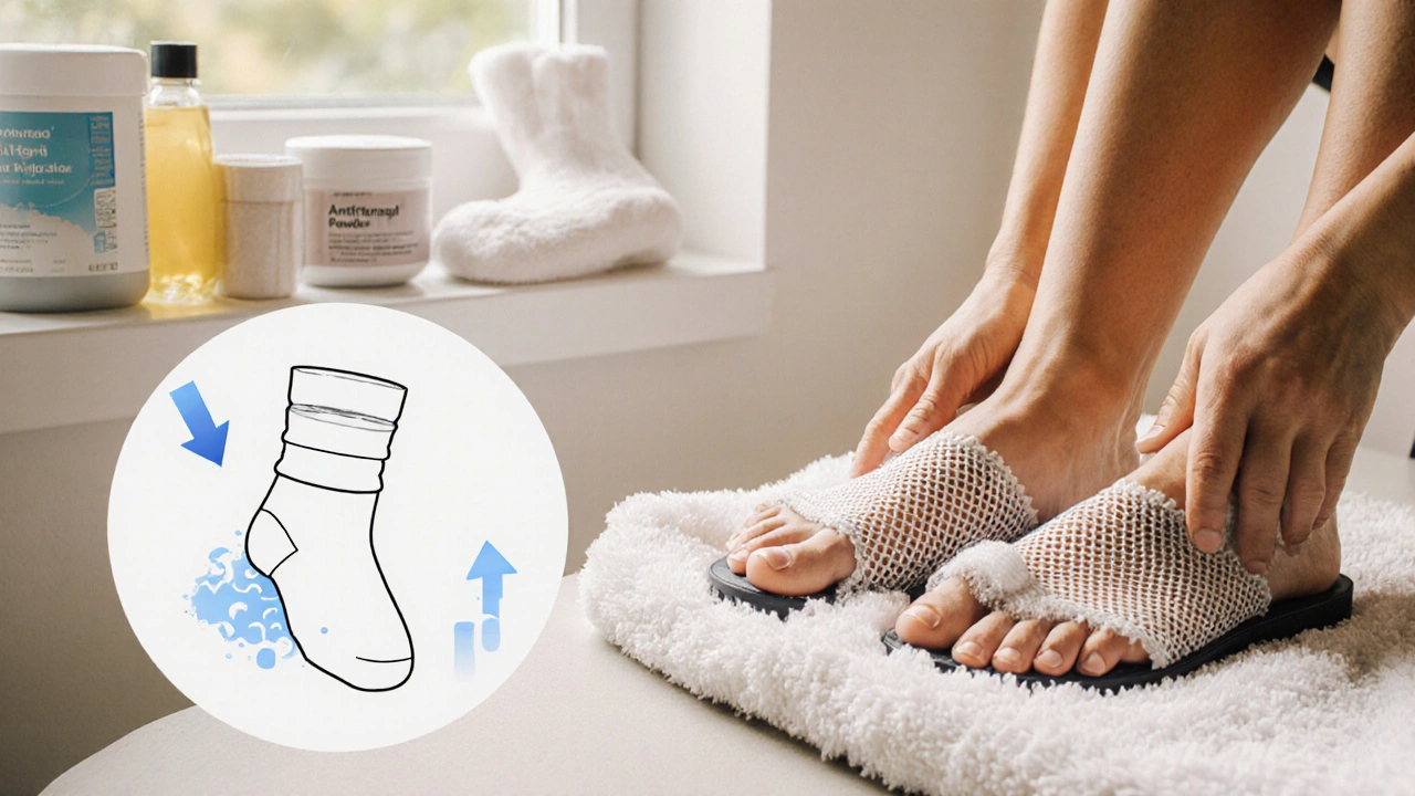 Bathroom scene with person drying feet and using breathable shoes to prevent fungal sores.