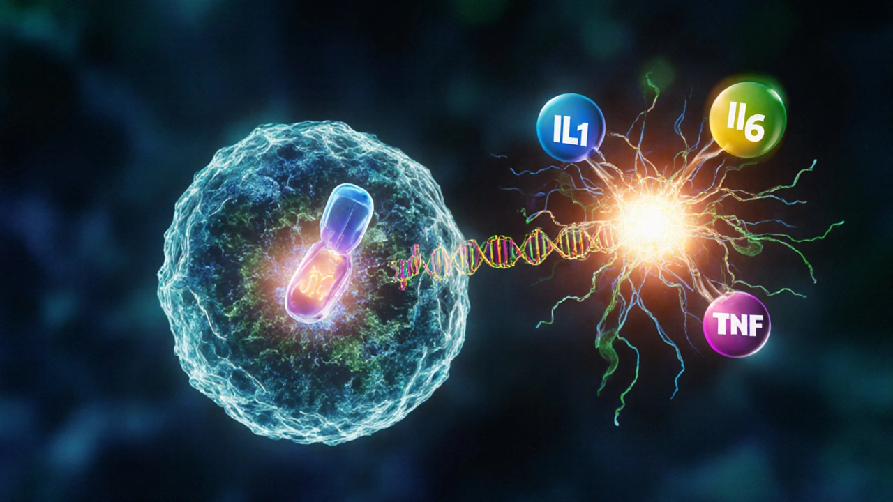 Cell showing a glucocorticoid binding to a receptor and reducing cytokine activity.