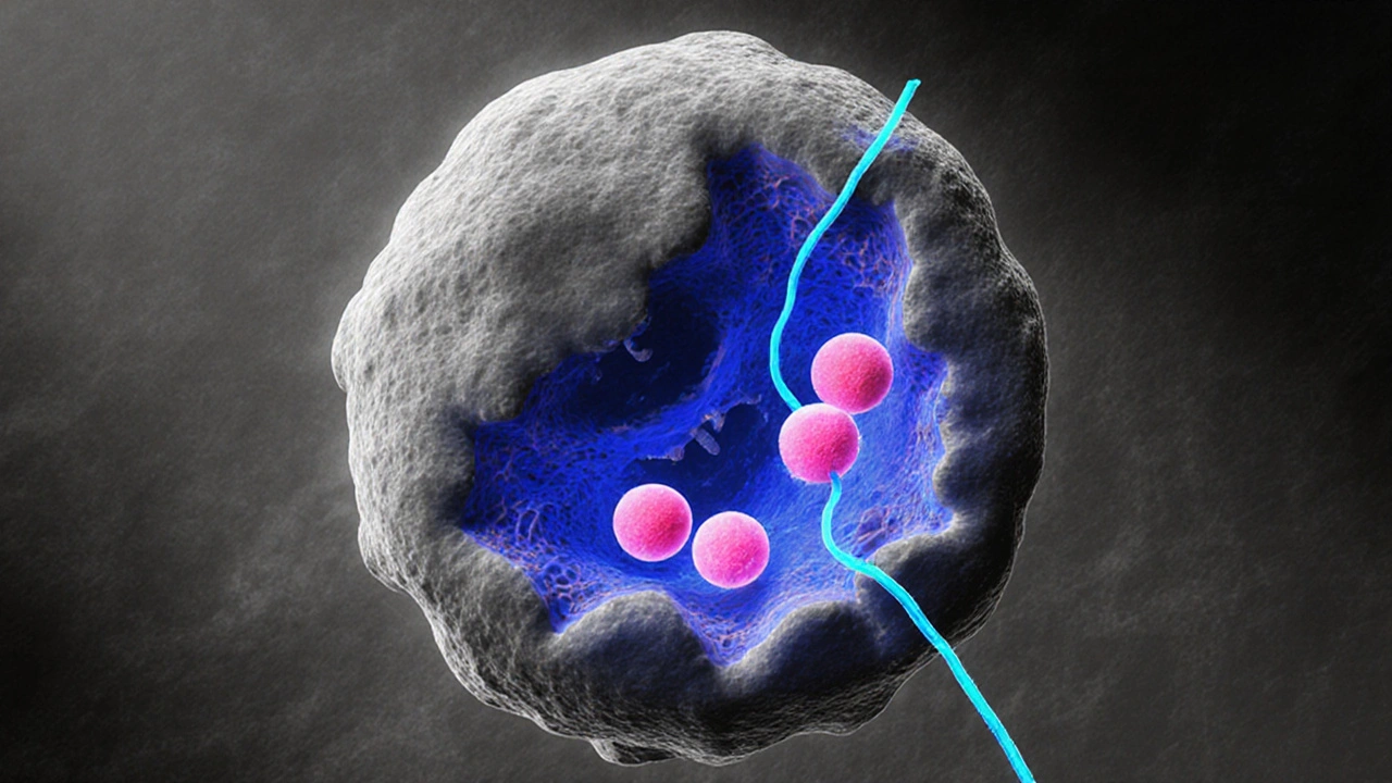 Cellular illustration showing hydroxychloroquine raising endosomal pH with blue highlights.