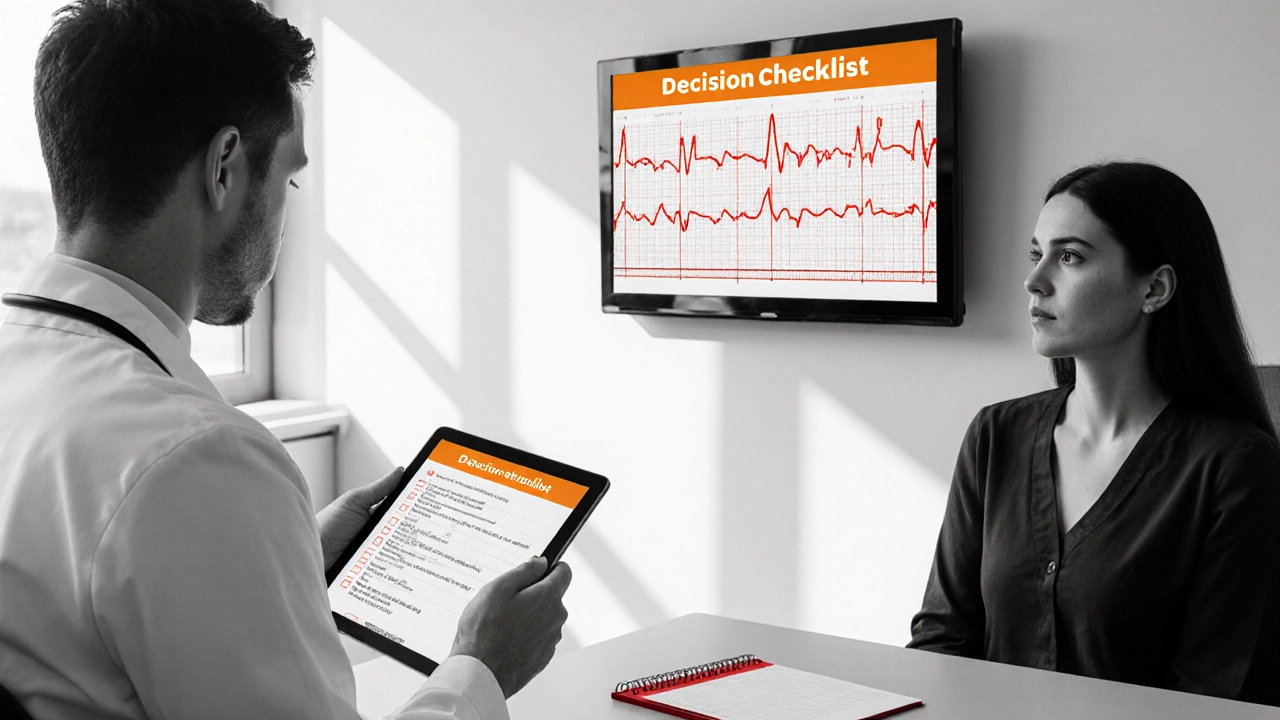 Clinic scene with doctor, patient, and amber‑accented ECG monitor emphasizing heart safety.