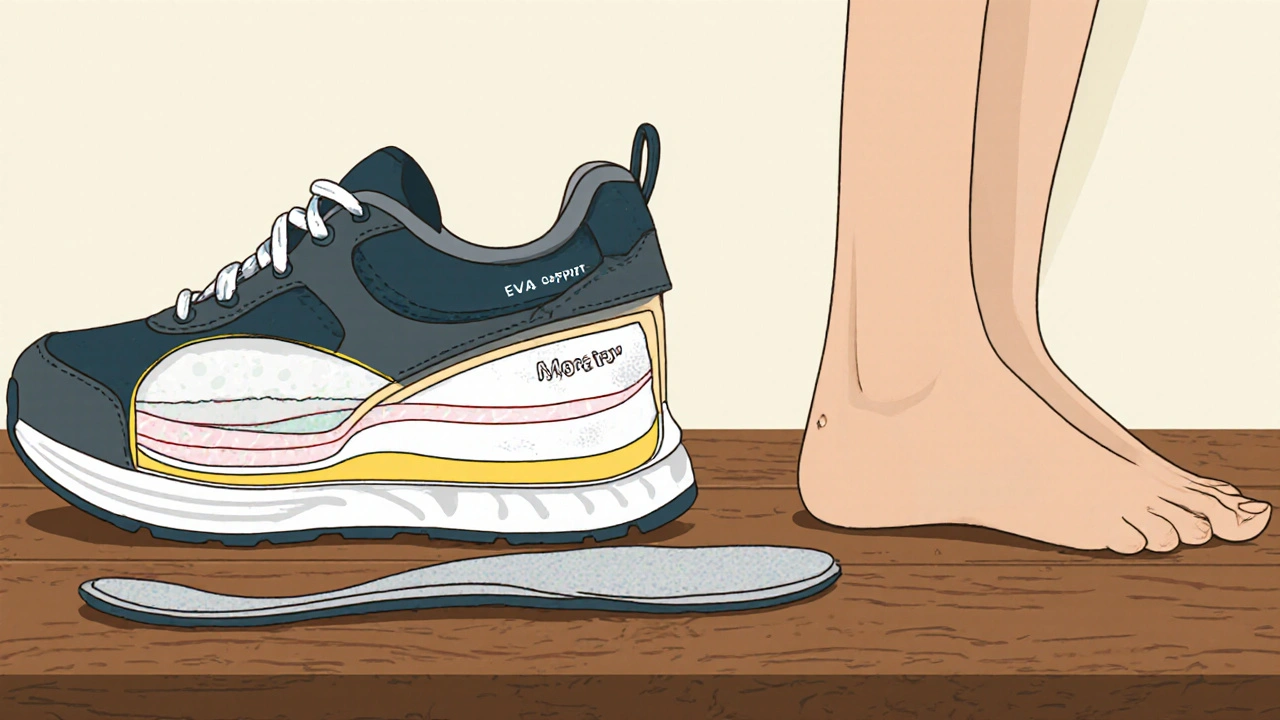 Cross‑section view of an athletic shoe showing cushioning, arch support, heel, and insole beside a foot.