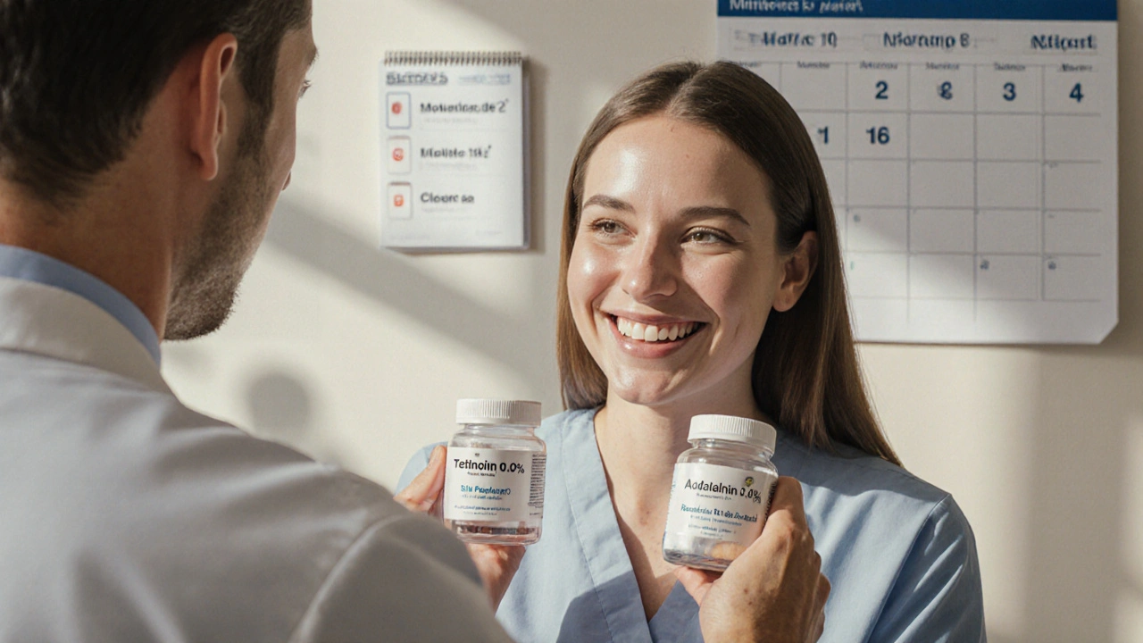 Dermatologist showing patient two retinoid jars in a cozy office, calendar on wall.