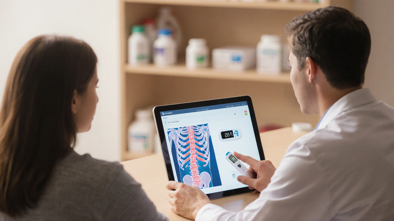 Doctor and patient reviewing a tablet showing bone health and glucose levels.