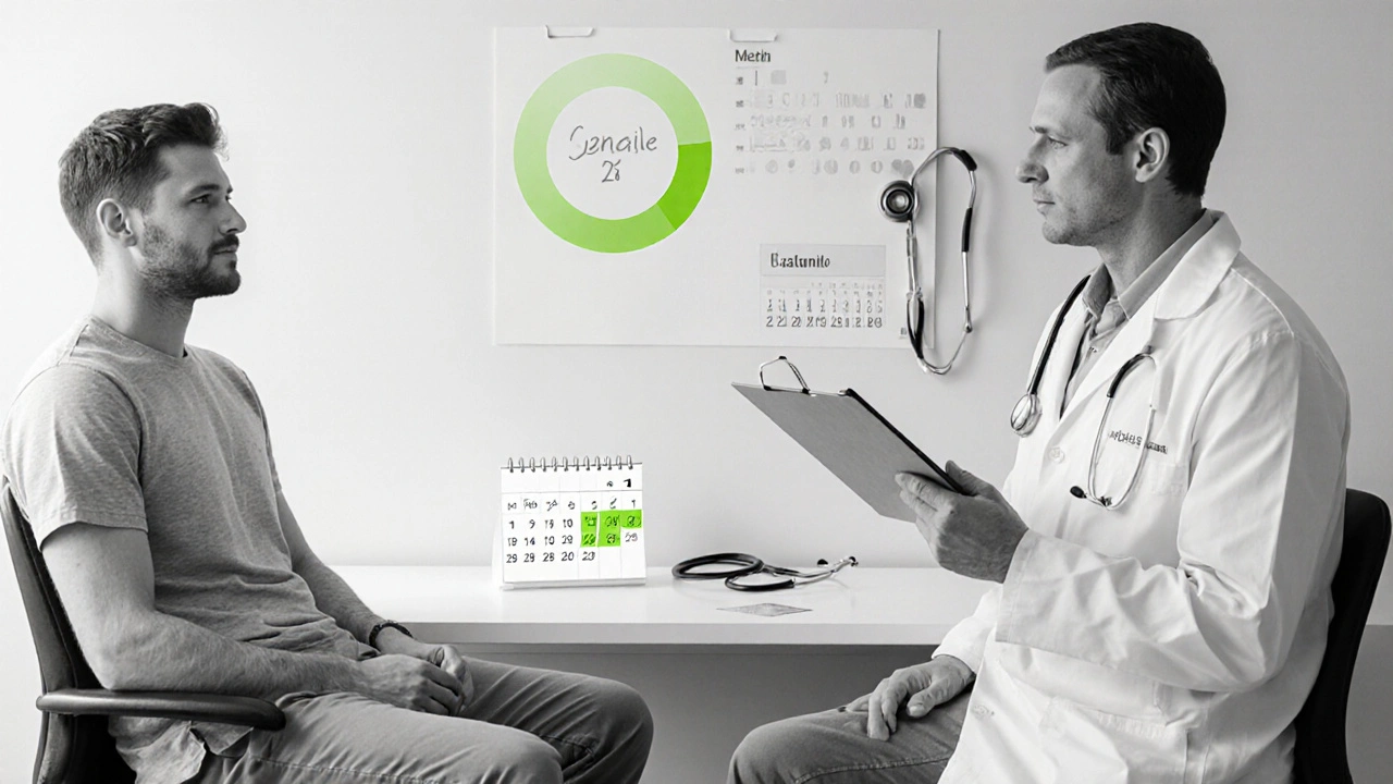 Doctor consulting a patient with a lime‑green highlighted tablet and circled calendar date.