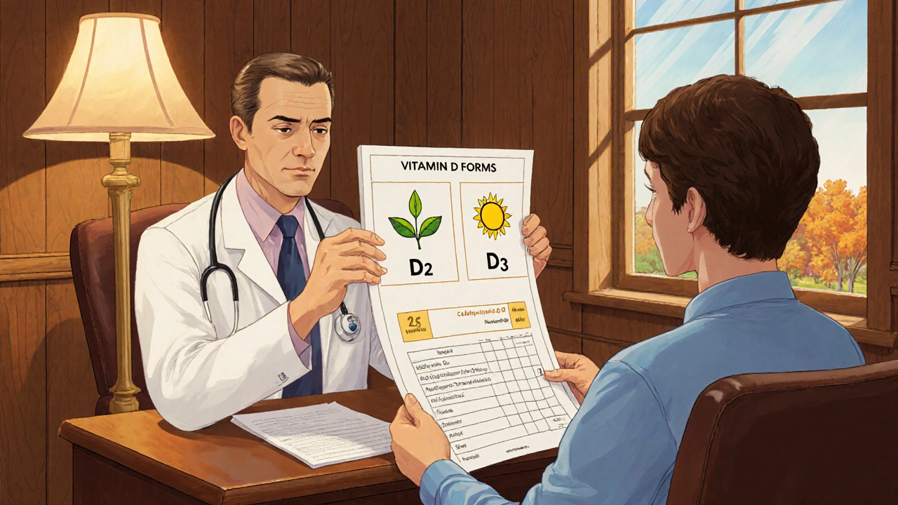 Doctor explains vitamin D forms to patient with lab report and chart.