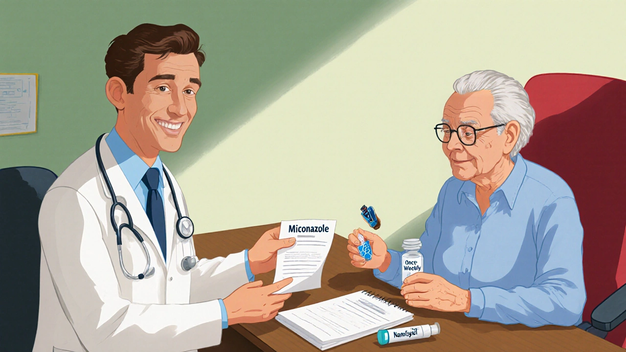 Doctor giving an elderly patient a weekly miconazole patch, nanogel vial, and steroid tube.
