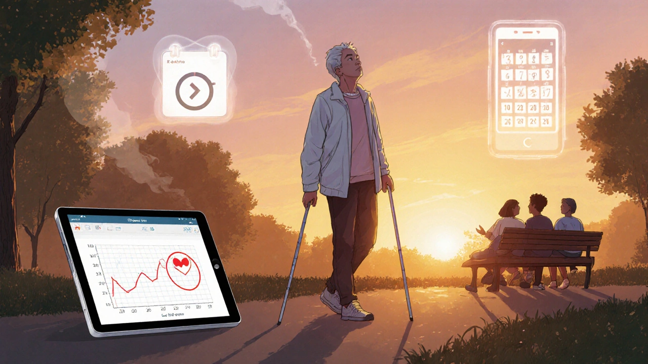 Former smoker with CHF walking in sunrise, supported by apps and friends.