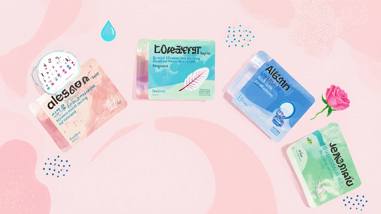Four birth‑control pill packs displayed with symbolic visual cues.