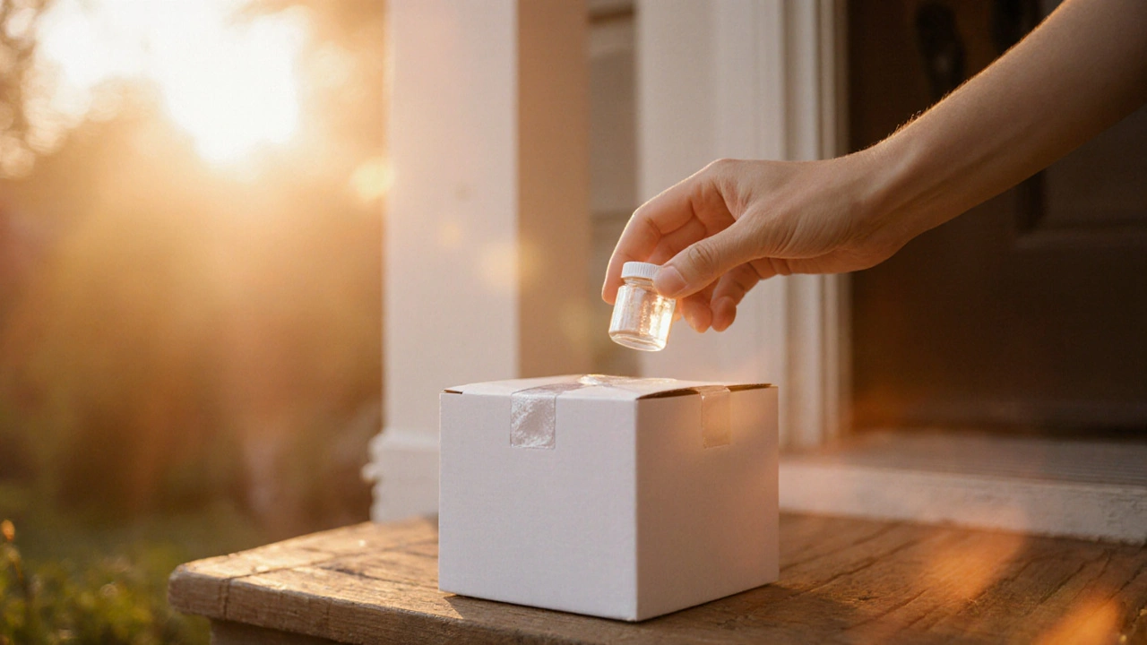 Hand reaching to open a box on a porch, revealing a pill bottle inside.
