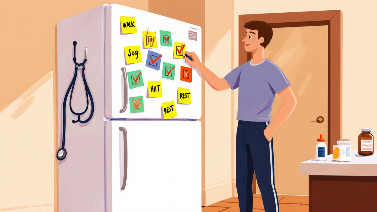 Home hallway with a fridge checklist, person checking off exercise days.