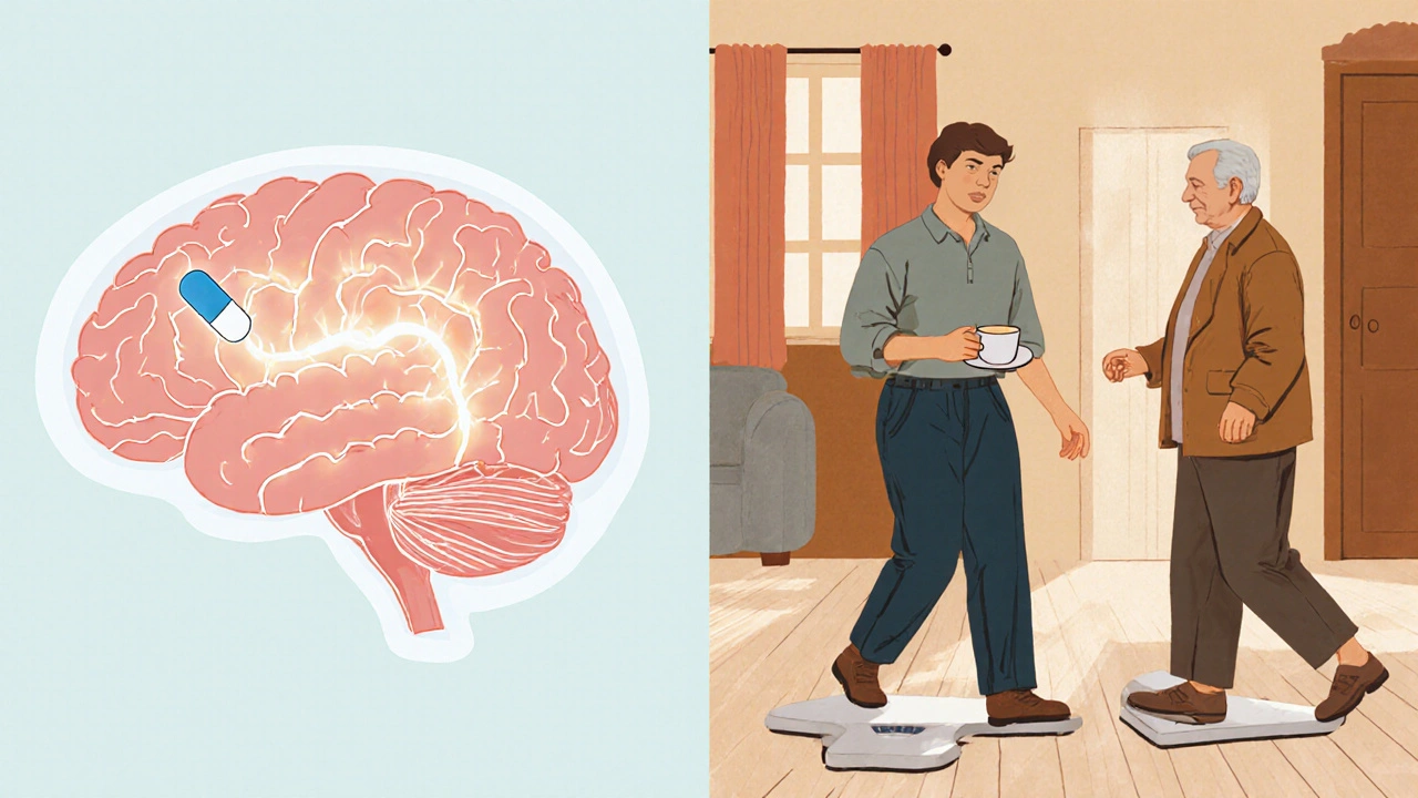 Illustration of dopamine receptors being blocked and side‑effect contrast between tremor and weight gain.