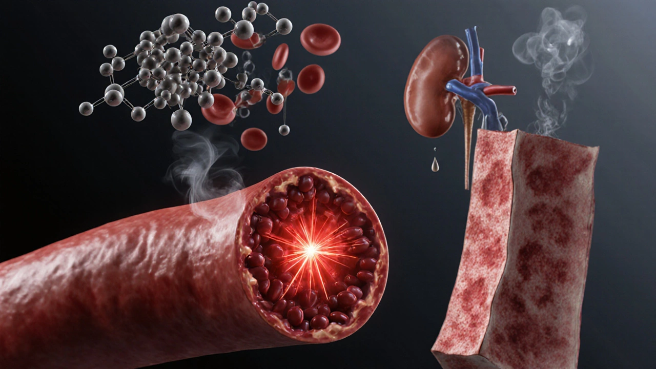 Illustration of nicotine, carbon monoxide, inflammation, and fluid retention affecting the heart.
