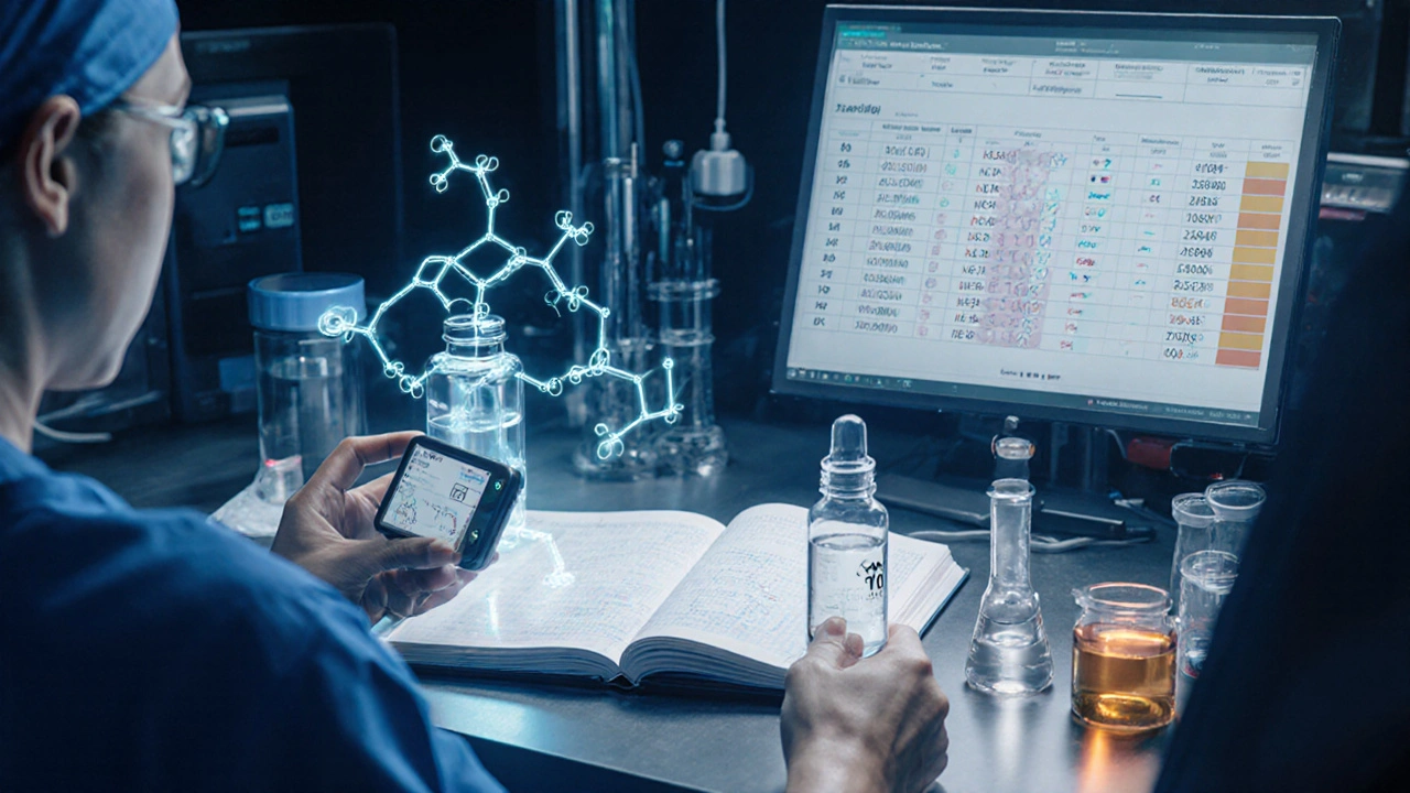 Lab scene with D3 antagonist molecule model, EEG device, and blood marker displays highlighting new agitation drugs.