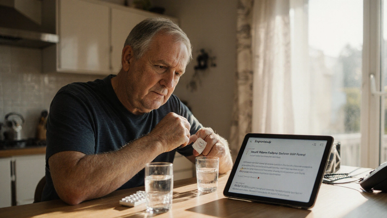Man applying nicotine patch with medication and quit‑plan app nearby.