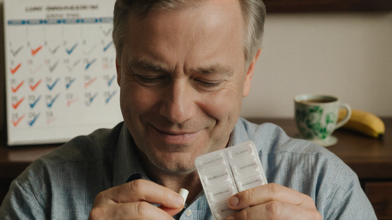 Man splitting azathioprine dose with banana and peppermint tea, tracking progress on a calendar.
