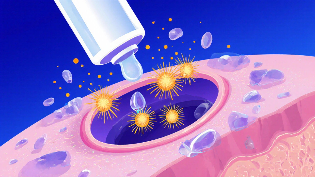 Microscopic view of a skin pore showing oxygen radicals from benzoyl peroxide destroying acne bacteria and shedding dead skin.