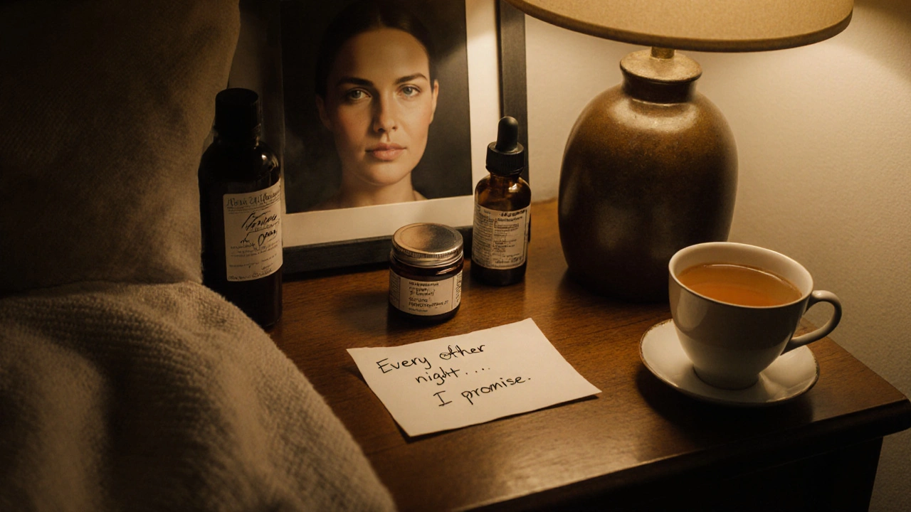 Nightstand with tretinoin, retinol, moisturizer, and handwritten note under soft lamplight.