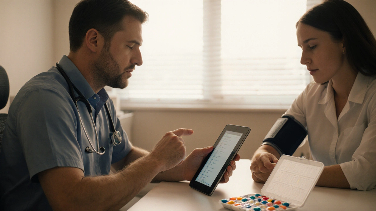 Patient and doctor in a bright office discussing medication, with a blood pressure cuff and open pill organizer on the desk.