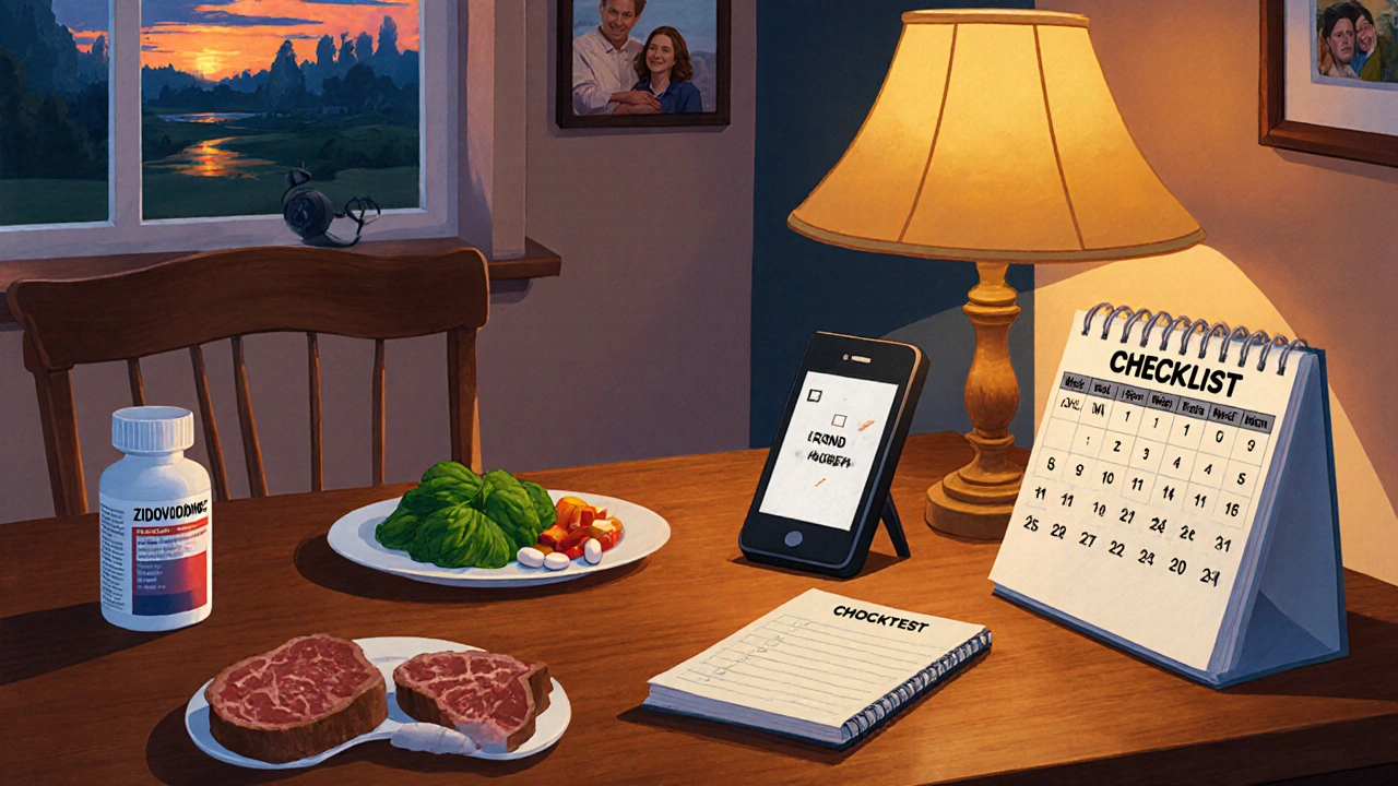 Patient follows a treatment checklist at home with pill bottle and iron foods.