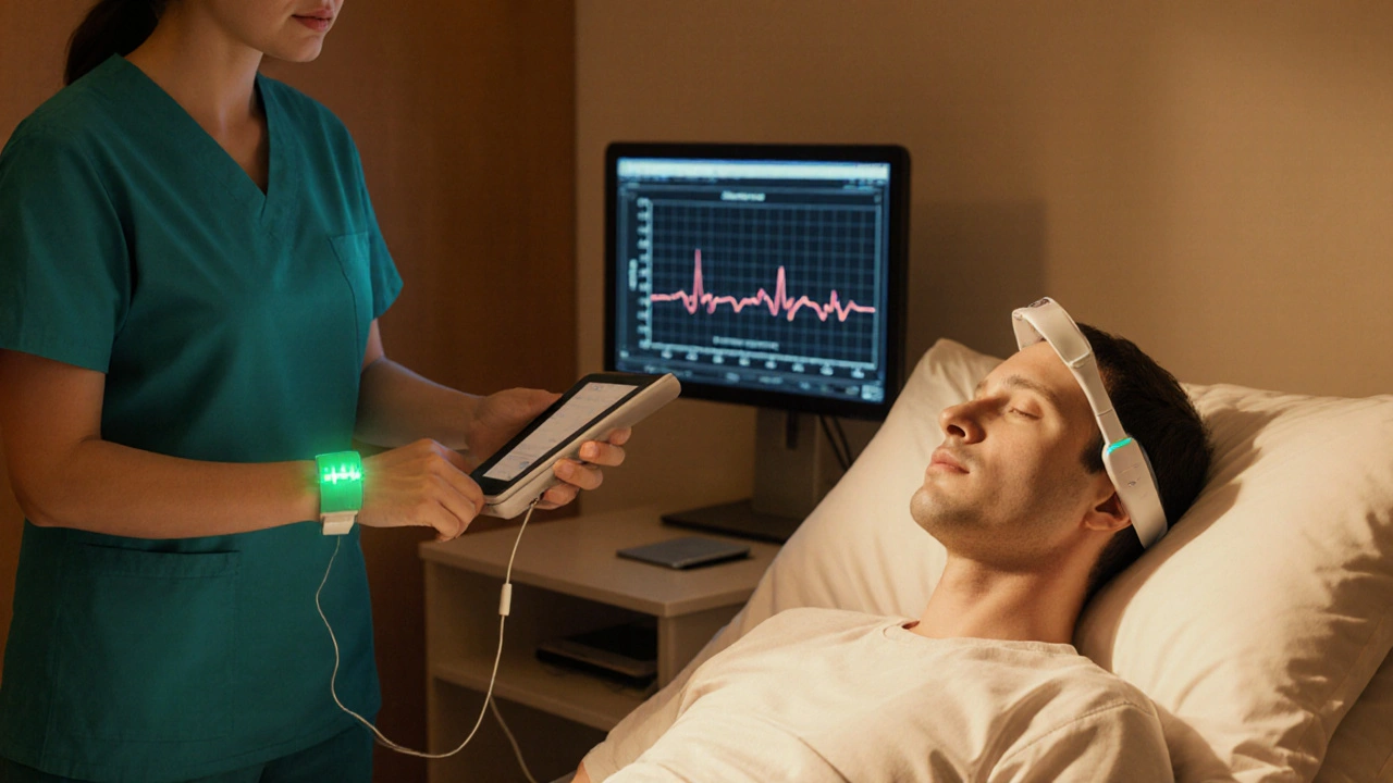 Patient receiving low‑intensity TMS and wearable monitoring in a calm, futuristic hospital setting.
