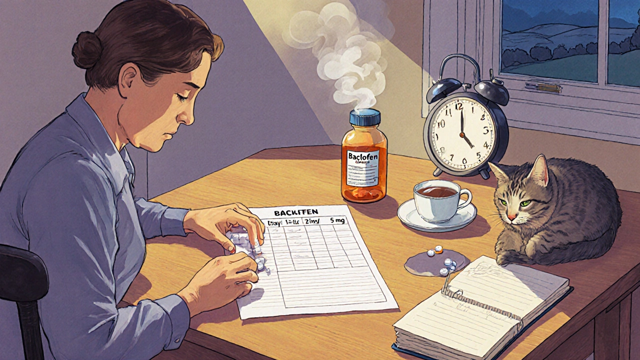 Patient reviews Baclofen dosing chart and diary at a kitchen table.