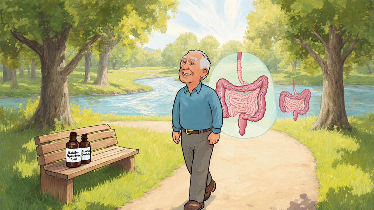 Patient walks happily in a park, symbolizing eased abdominal pain.