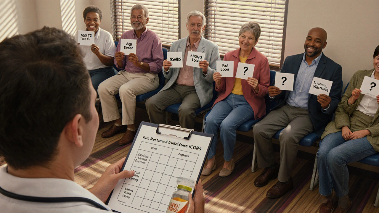 Patients in clinic holding risk factor cards while doctor reviews a personalized bleeding risk score chart.