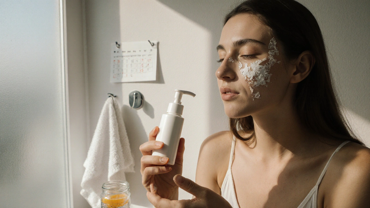 Person applying moisturizer after benzoyl peroxide in a sunny bathroom with sunscreen and calendar nearby.