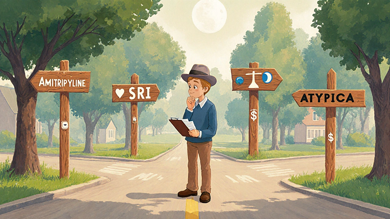 Person at a crossroads with signs for different antidepressant classes.