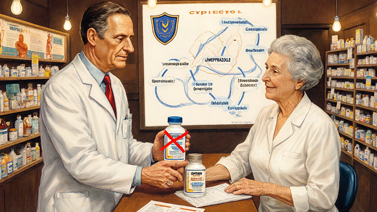 Pharmacist handing PPI prescriptions, with omeprazole marked 'do not use' and enzyme pathway poster in background.