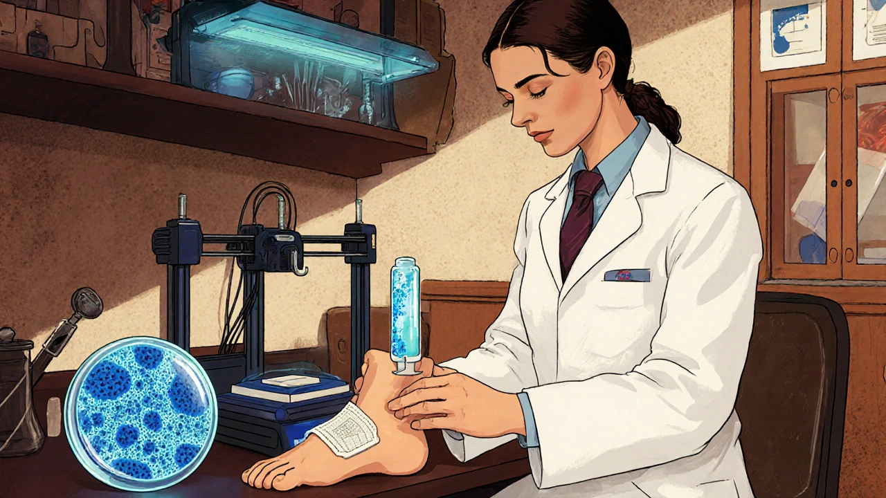 Pharmacist printing a custom 3D‑printed miconazole patch beside a vial of nanoparticle gel.