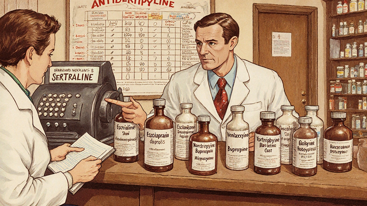 Pharmacy counter with bottles of various antidepressants and a pharmacist pointing.