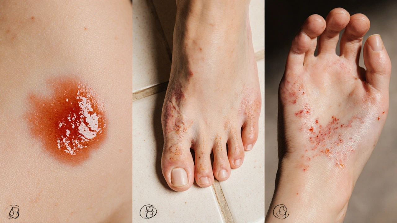 Photo collage of skin‑fold rash, athlete&#039;s foot between toes, and ring‑shaped rash.