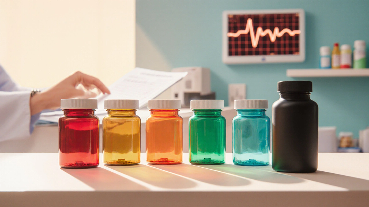 Six uniquely colored pill bottles arranged on a pharmacy counter with a blurred pharmacist hand and glowing ECG monitor.