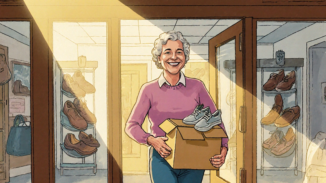 Smiling shopper walks out of a shoe store carrying new shoes, feeling relief.