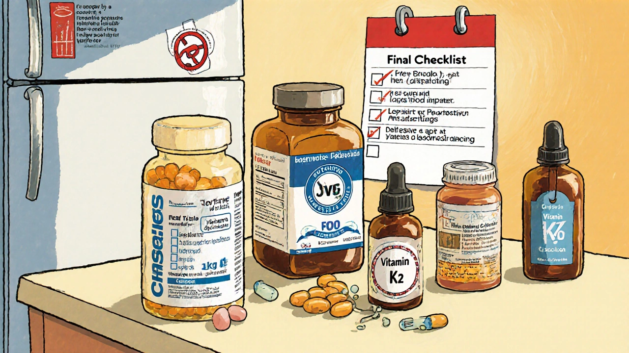 Supplement bottles with certification seal, minerals, and a calendar reminder.