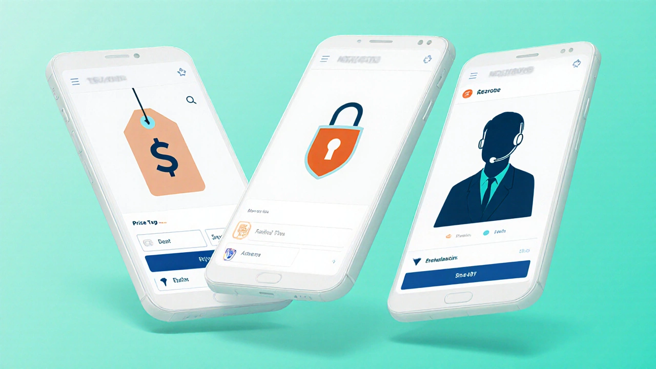 Three smartphones showing price, lock, and pharmacist icons on a pastel background.