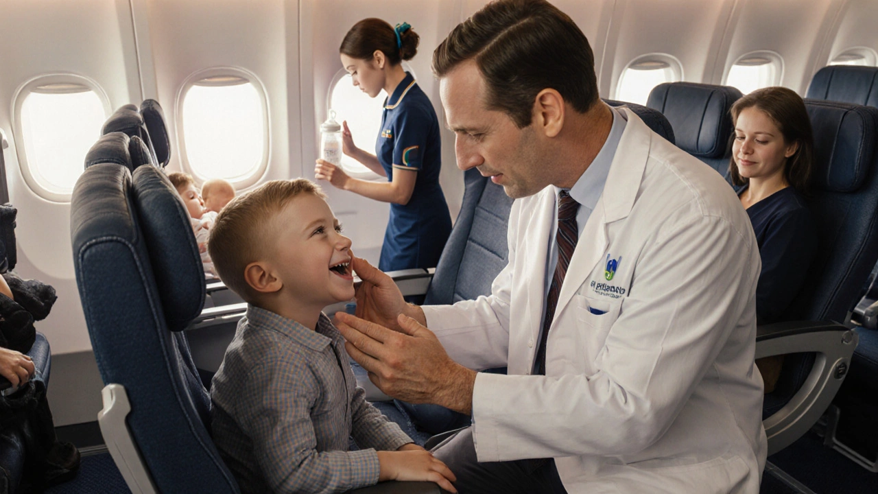 A doctor teaching a child the jaw wiggle technique to prevent ear pain on a plane.