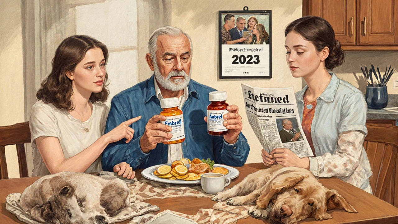 A family at breakfast comparing two pill bottles, one branded and one generic, with trust in their hands.
