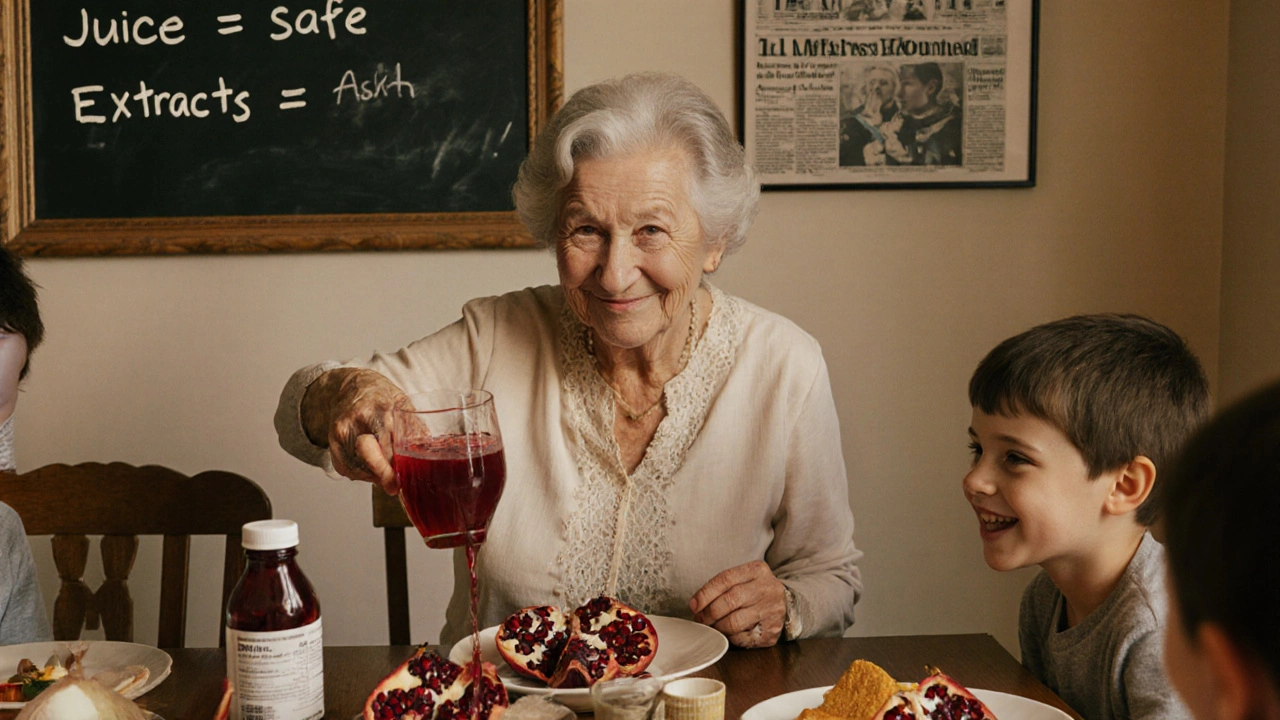 A family dinner with pomegranate juice on the table beside a warfarin bottle, a chalkboard noting juice is safe and extracts need caution.