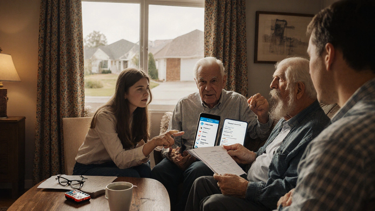 A family helps an older relative use a medication app on a smartphone, with a pill organizer on the table.