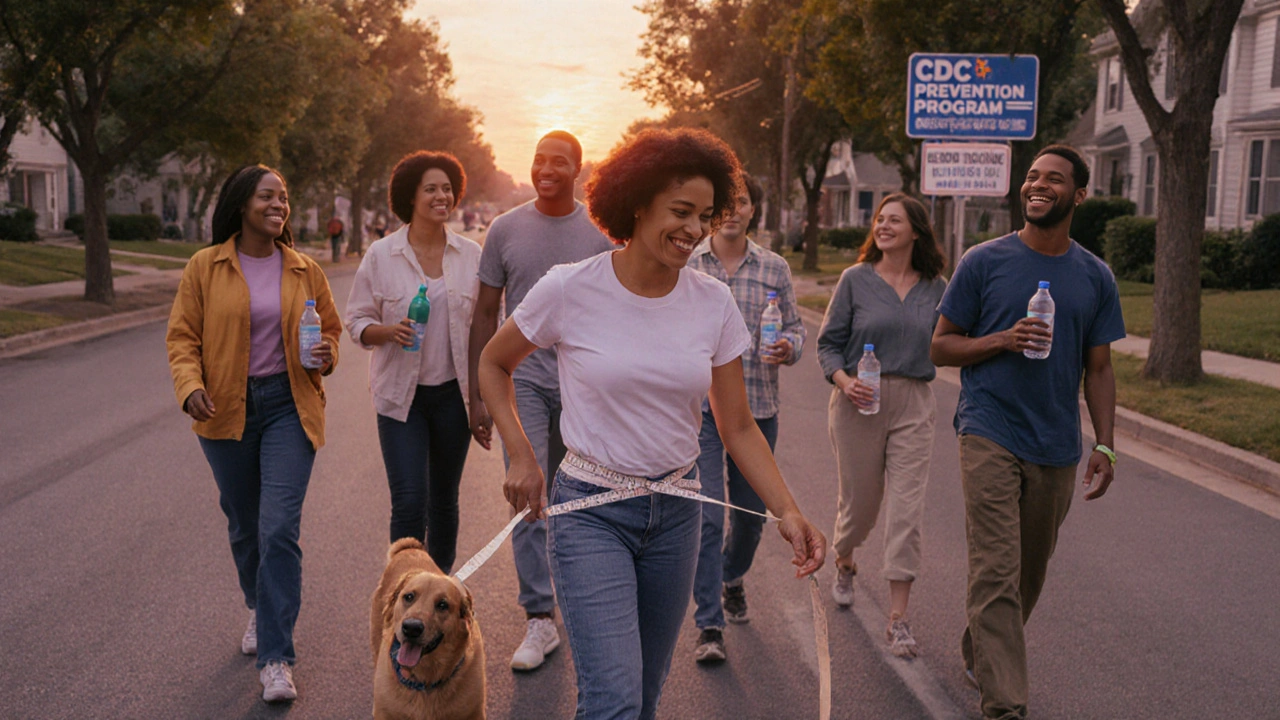 A group of diverse people walking together at sunset, celebrating small health victories in their neighborhood.