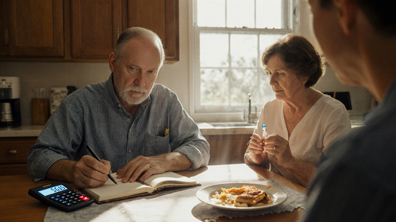 A man calculating insulin doses at the kitchen table, with a calculator showing incorrect and correct conversion numbers.