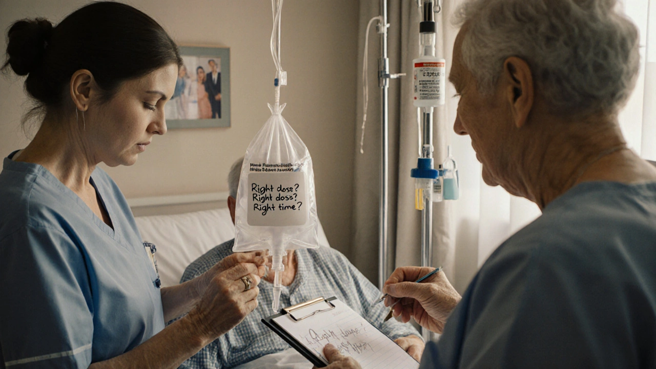 A nurse and staff double-check an IV bag in a hospital room while a patient watches with a notebook.