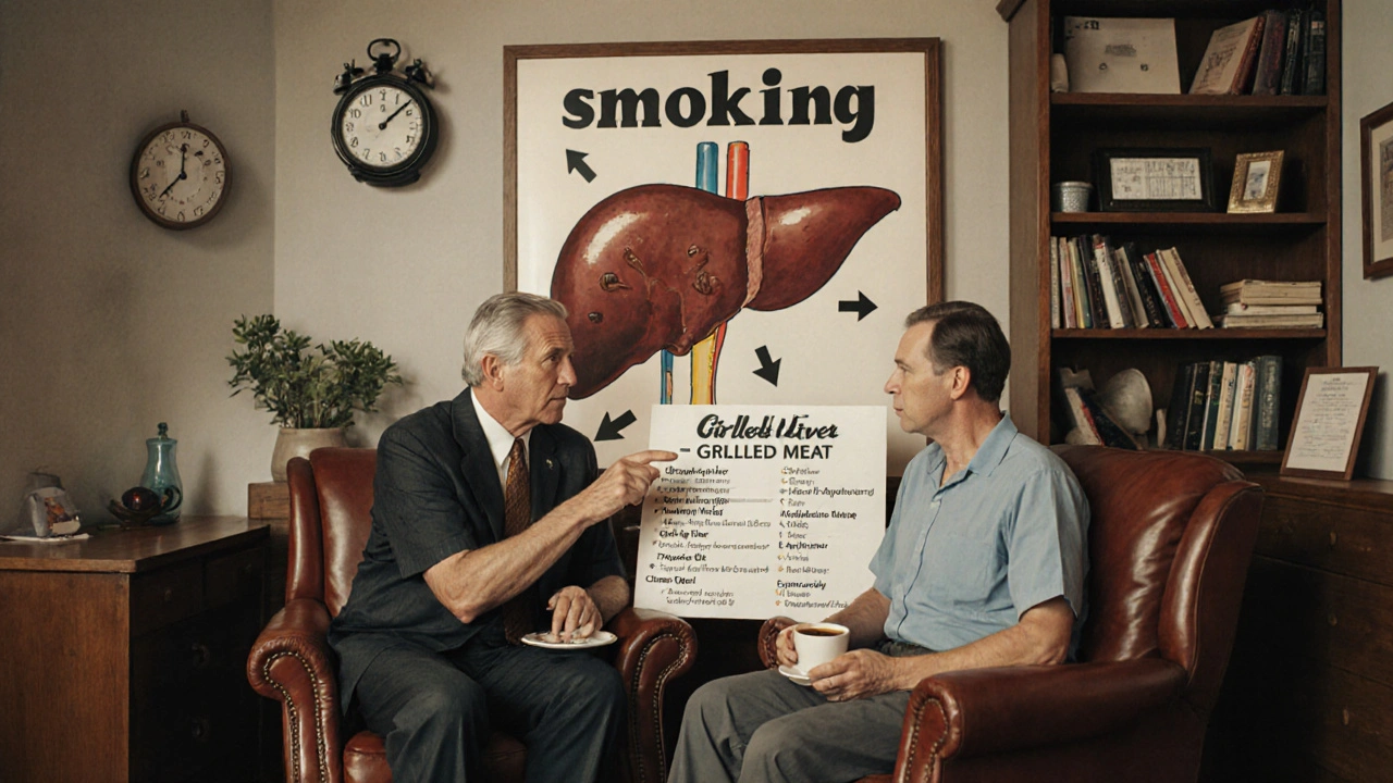 A pharmacist advises a patient about medications, with a poster showing grilled meat and liver enzymes behind them.