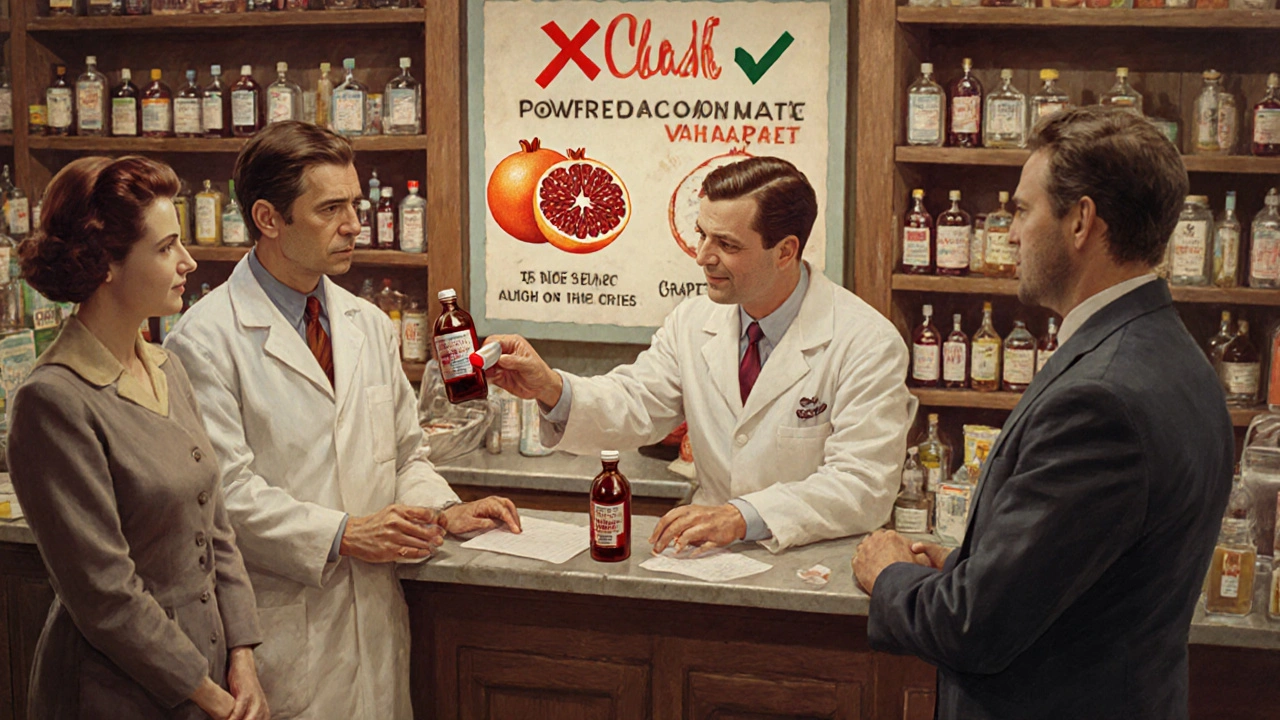 A pharmacist handing pomegranate juice to a patient at a pharmacy counter, with a grapefruit crossed out and pomegranate checkmarked on a poster.