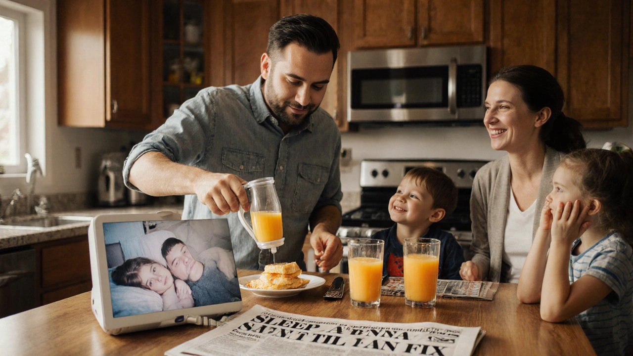 A revitalized man enjoys breakfast with his family, CPAP machine visible on the counter.