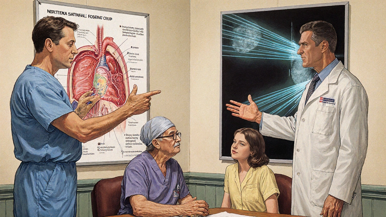 A surgeon and radiation oncologist explain treatment choices to a patient and family in a consultation room.