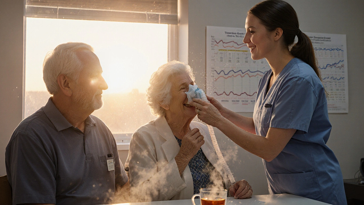 A therapist gently adjusts a CPAP mask for an elderly patient in a sunny clinic room.