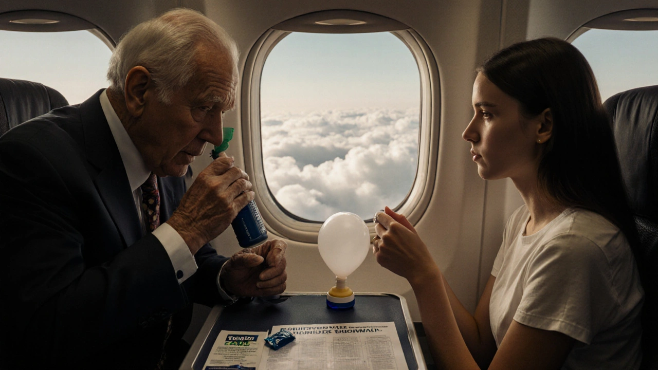 An elderly traveler preparing with nasal spray and Otovent device before plane descent.
